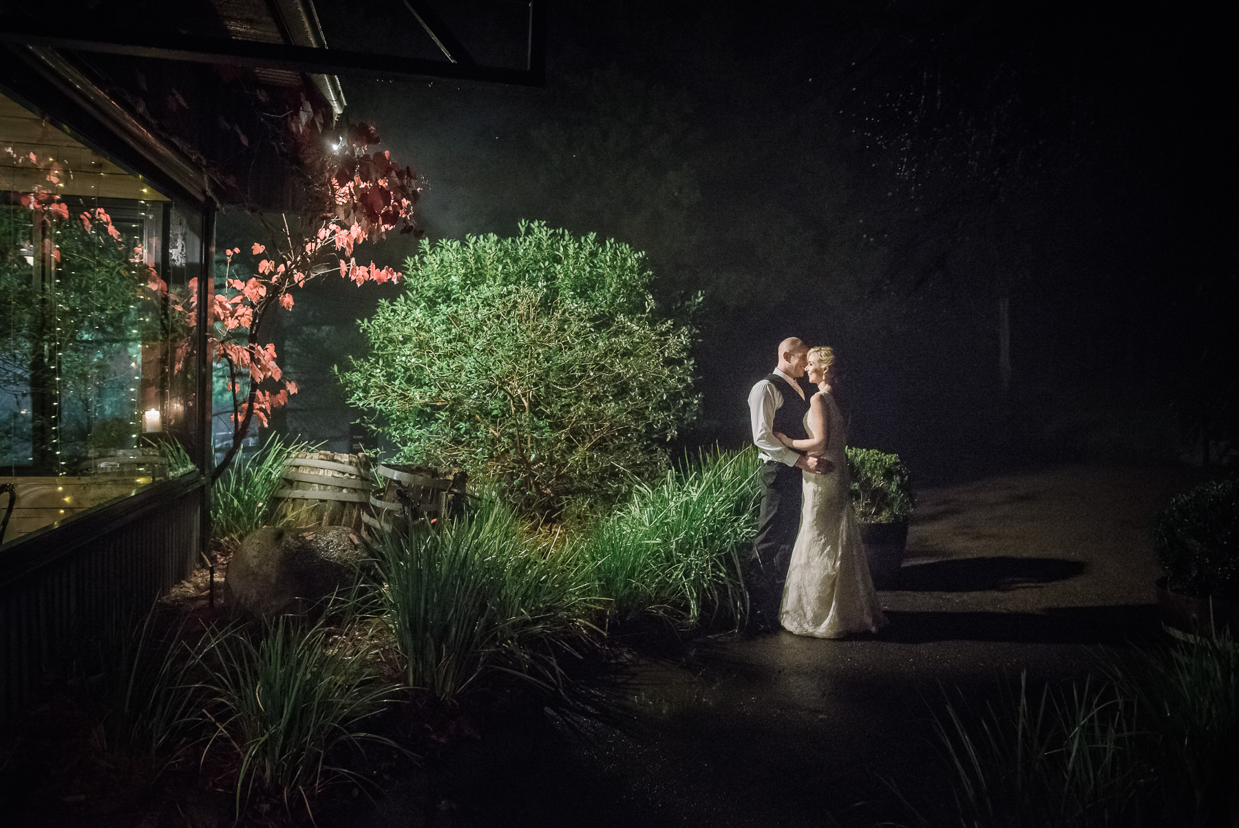 Wedding at Inglewood Estate night photo in the fog